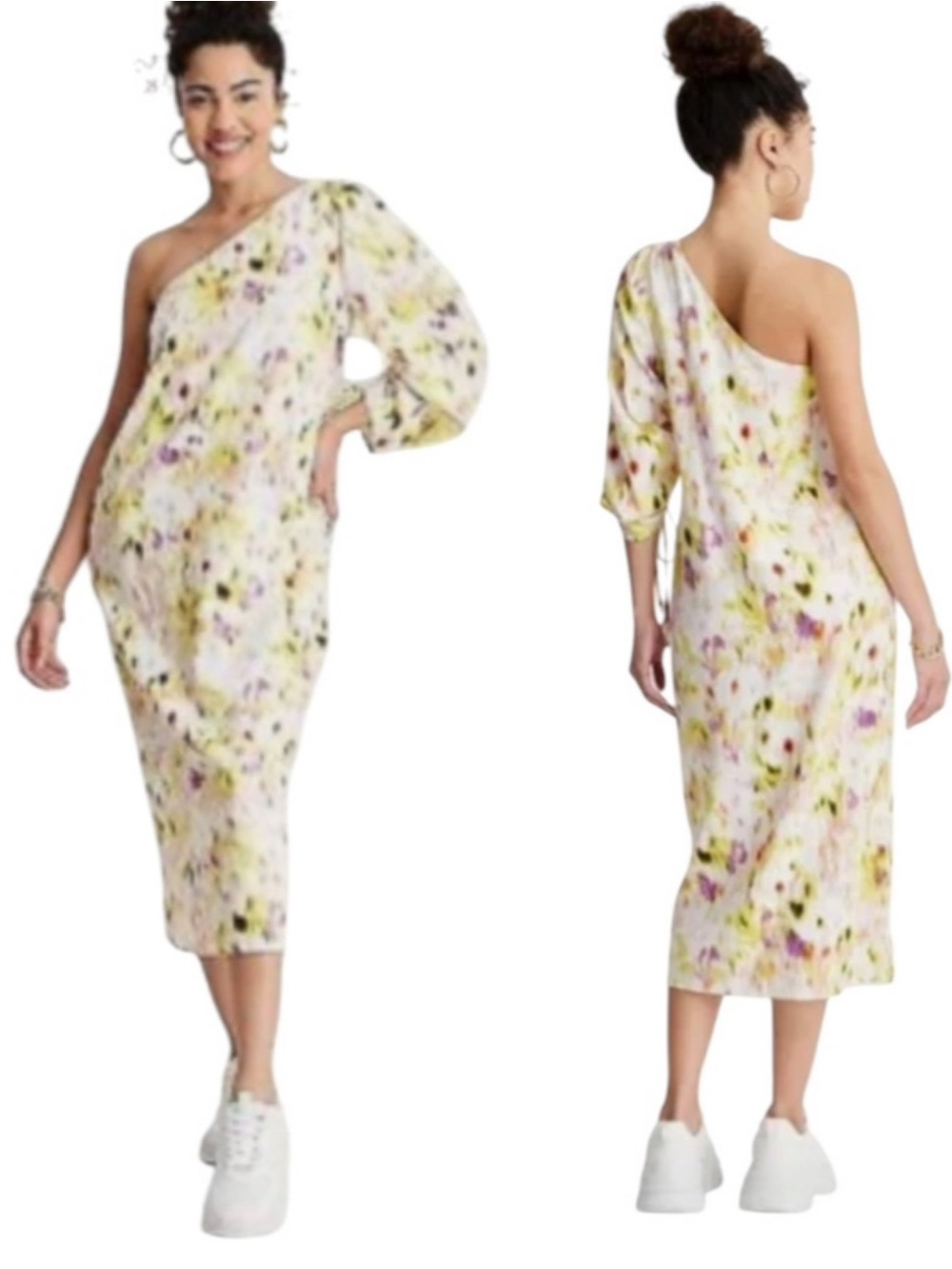 Future Collective one shoulder multicolor linen blend midi dress size XS